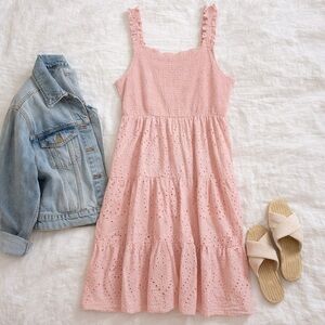 Pink Eyelet Cotton Tiered Midi Dress Smocked Bodice Ruffle Strap Plus Size 1X